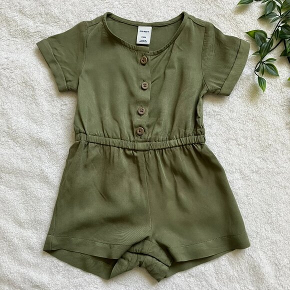 Old Navy Baby Romper 3-6M | Olive Green Button-Front EUC - Picture 1 of 16
